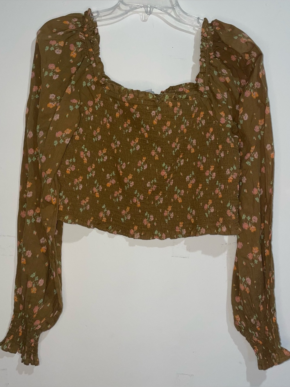 Aerie Deep Olive Floral Smocked Long Sleeve Floral Crop Top Cotton Festival Boho